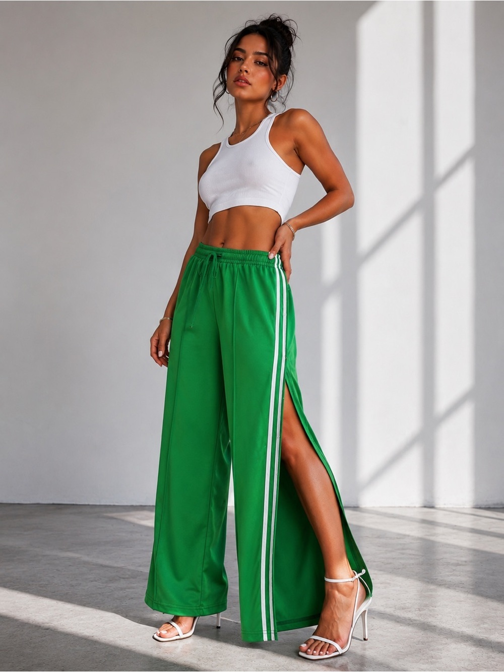 3 striped Green Wide Leg Track Pants Side Slit 3 Stripe Y2K Athleisure Women’s